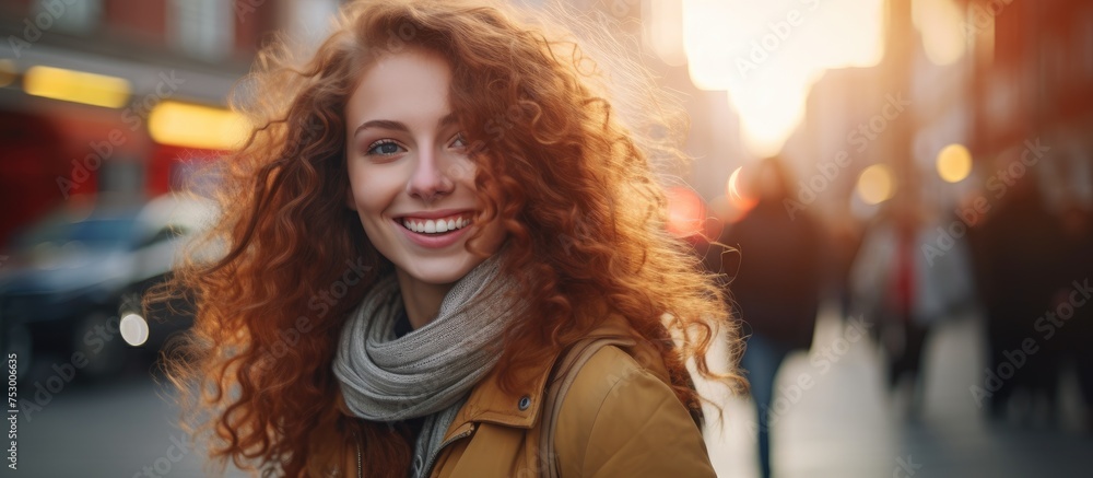 Fiery Red-Haired Woman Posing Confidently in Vibrant Scarf Outfit