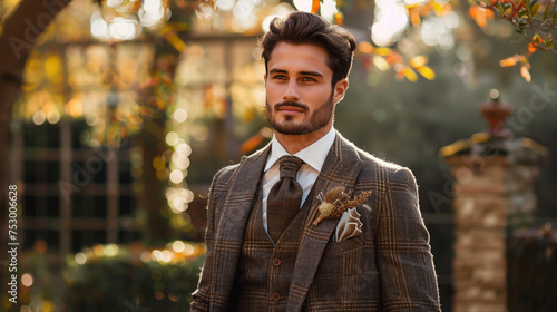 Dapper man in a tailored tweed suit with boutonniere, exuding classic style.