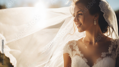 Portrait of a bride with bridal veil, copy space