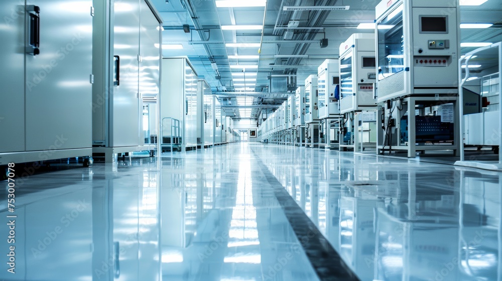High-tech and pristine passageway in an industrial or research setting, reflecting floors High-tech and pristine passageway in an industrial or research setting, reflecting floors