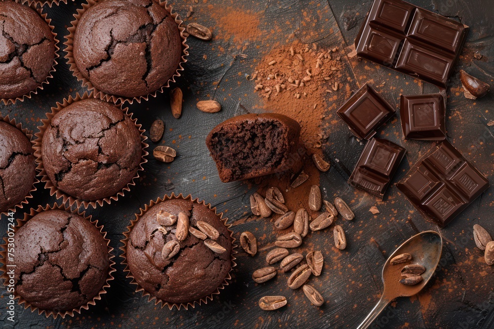 Chocolate browny muffins and cocoa in teaspoon top view on brown rustic stone background, sweet homemade dark chocolate cupcakes. Chocolate browny muffins and cocoa in teaspoon top view on brown rustic stone background, sweet homemade dark chocolate cupcakes.