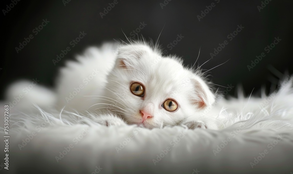 White Scottish Fold kitten on white blanket, close-up portrait White Scottish Fold kitten on white blanket, close-up portrait