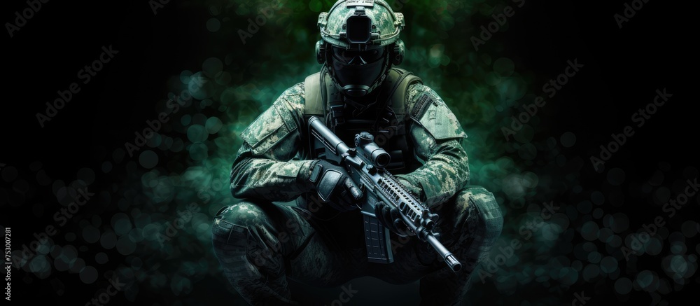Fototapeta premium Stealthy Soldier Concealed in Camouflage Gear on Dark Background