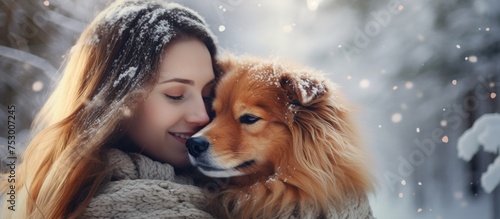 Heartwarming Winter Moment: Woman Embracing Beloved Dog in Snowy Forest