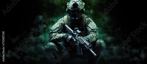 Stealthy Soldier Concealed in Camouflage Gear on Dark Background photo