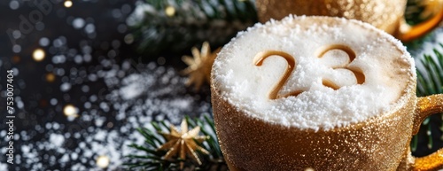 new year celebrated coffee cup with number on frothy surface of cappuccino in coffee cup