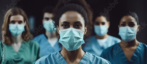 Diverse Group of Medical Professionals in Protective Masks Working Together in Hospital Setting
