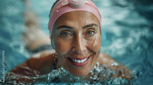 Cheerful senior lady exercising in swimming pool   swimming for health