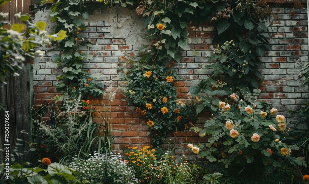 Beautiful orange roses in the garden on brick wall background with copy space