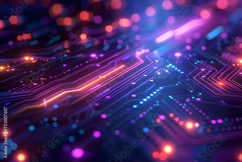 Close-up of PCB with bright purple and magenta lights  reminiscent of backlighting for visual effects. The design is reminiscent of sound equipment in metropolis. Technological abstract background
