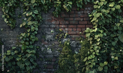 Green ivy on the brick wall, vintage style, nature background