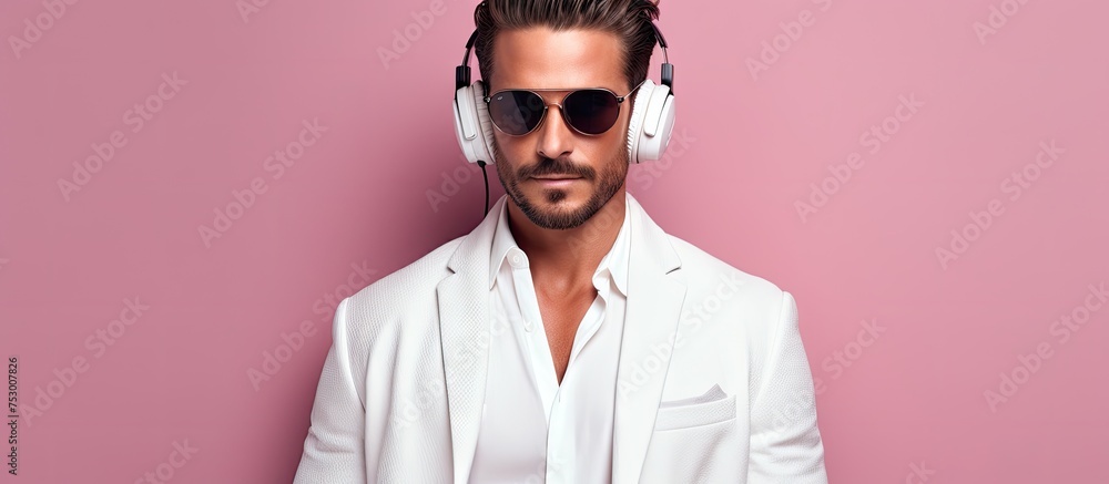 Stylish man in white suit enjoying music with headphones in urban setting Stylish man in white suit enjoying music with headphones in urban setting