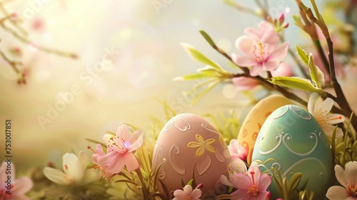 Beautiful flowers and Easter eggs on spring background with copy space.