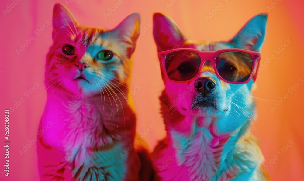Portrait of a cat and a dog with sunglasses on a colored background Portrait of a cat and a dog with sunglasses on a colored background