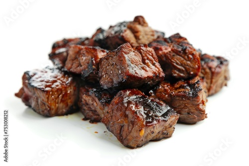 Closeup view of delicious grilled beef medallions served on table. White background. 