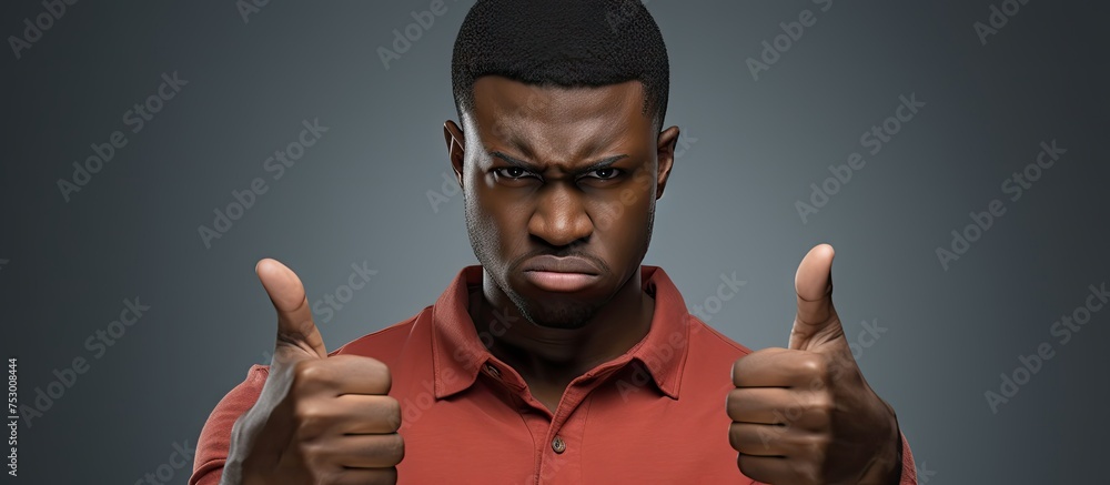 Happy Man Giving Thumbs Up Sign with Confidence in Bright Red Shirt Happy Man Giving Thumbs Up Sign with Confidence in Bright Red Shirt