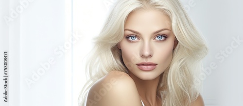 Radiant Beauty: Captivating Woman with Flowing Blonde Hair and Piercing Blue Eyes