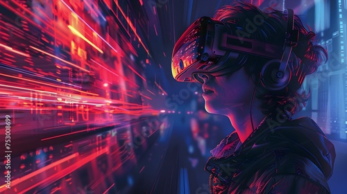 Futuristic Man Immersed in Virtual Reality, To convey the sense of immersion and fascination with technology in a futuristic setting