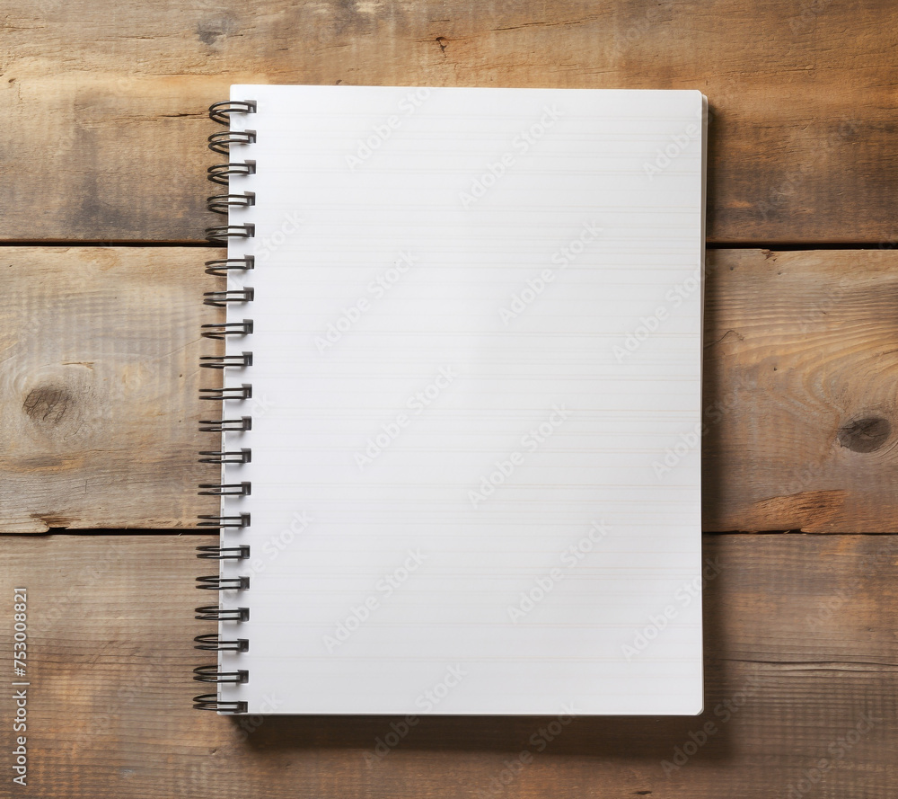 A closed spiral notebook with a black or dark blue cover rests on a wooden table. Space for text. A closed spiral notebook with a black or dark blue cover rests on a wooden table. Space for text.