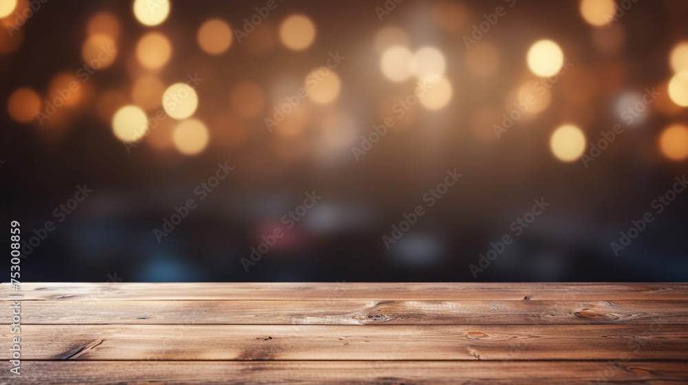 A simple wooden table with a blurred background. The table has a smooth, light brown surface, For product presentations, product shows, live broadcasts, design presentations.