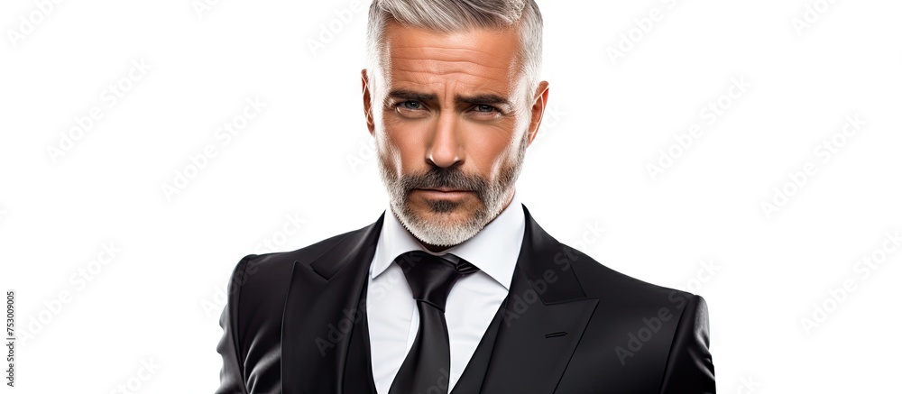 Confident businessman with a beard and a sharp suit standing in a modern office setting Confident businessman with a beard and a sharp suit standing in a modern office setting