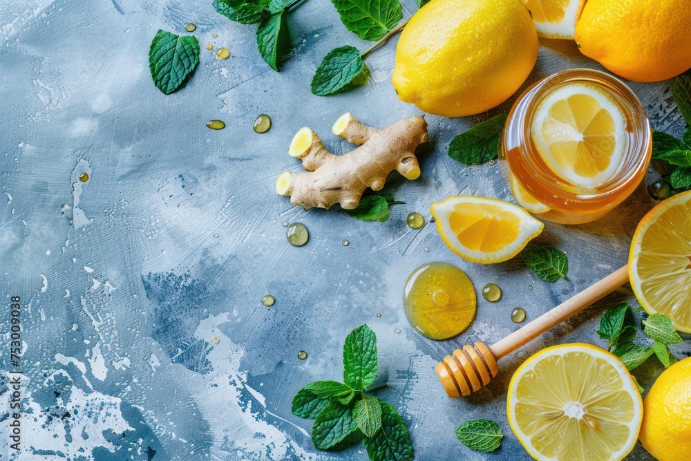 Composition with lemons, mint, ginger, honey in glass jar and honey wooden dippers top view. Composition with lemons, mint, ginger, honey in glass jar and honey wooden dippers top view.