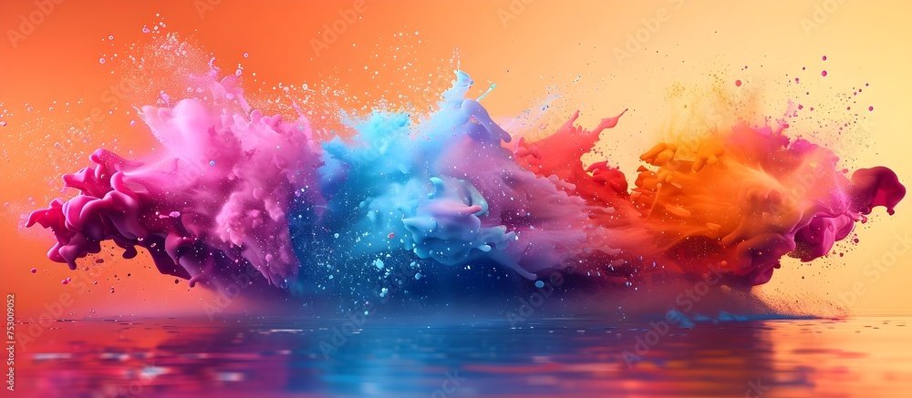 Vibrant Rainbow Paint Splash on Orange Background, To add a burst of color and energy to any design project