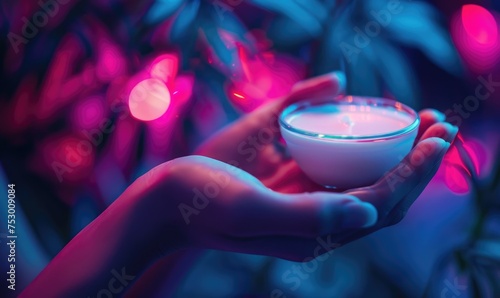 Female hands with manicure holding a burning candle in a dark room photo