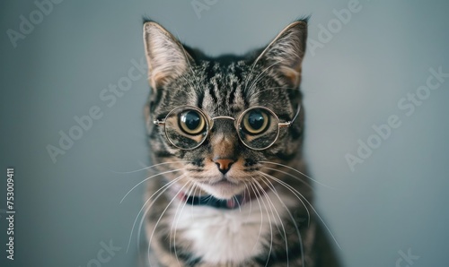 Portrait of a tabby cat with glasses on a gray background