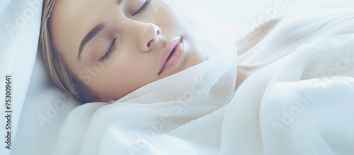 Tranquil Woman Enjoying Relaxing Sleep Under Soft White Blanket in Cozy Bedroom