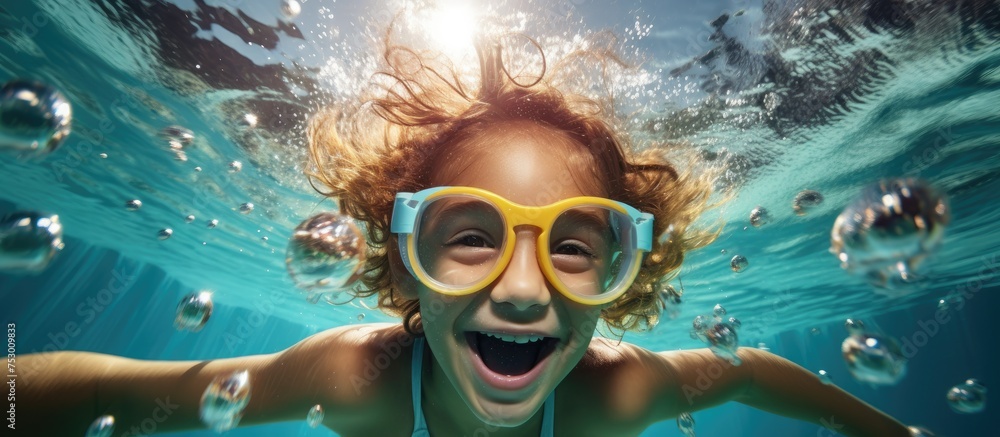 Naklejka premium Adventurous Young Diver Explores Underwater World in Pool with Protective Goggles