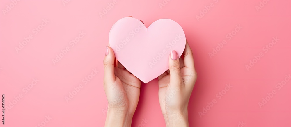 Emotional Connection: Female Hands Tenderly Holding Pink Paper Heart on Soft Pink Background Emotional Connection: Female Hands Tenderly Holding Pink Paper Heart on Soft Pink Background