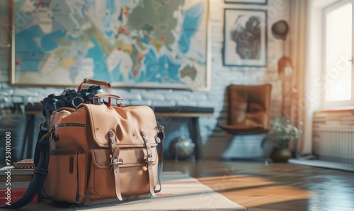 Travel and tourism concept. Suitcase, camera and map on the table.