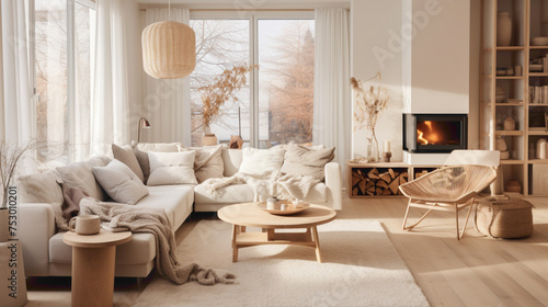 A cozy Scandinavian living room with minimalist furniture  adorned with warm-toned textiles and natural materials  basking in the soft glow of natural light filtering through sheer curtains.