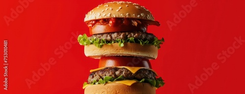 a very tall hamburger over a red background  © Oleg