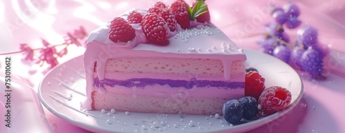 Pink and purple slice of cake, or slice, in the style of kawaii aesthetic, unreal engine 5, enchanting lighting, hyper - realistic oil, cranberrycore, ivory, flickr  photo