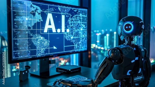 An AI robot stands in front of a complex digital interface, representing futuristic technology and innovation
