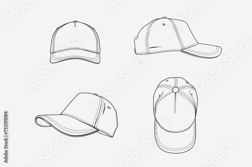 2d illustration of cap. Outline vector image set. Top, front, side and  perspective view.