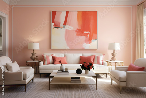 A cozy yet elegant living space showcasing an empty white frame against a wall painted in a serene, light coral shade, complemented by contemporary furniture and touches of lively, multicolored decor.
