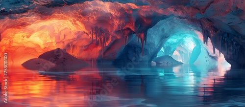 Stunning Illustrated Caves and Frozen Lakes in Vibrant Styles, To provide visually striking backgrounds for websites, advertisements, and interior photo