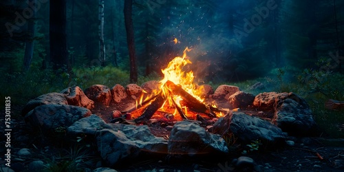 Nighttime scene with a warm bonfire in a forest creating a cozy ambiance. Concept Nighttime Scenes, Bonfire, Forest, Cozy Ambiance