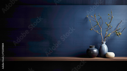 A deep indigo wall with a smooth texture, creating a serene and contemplative ambiance.