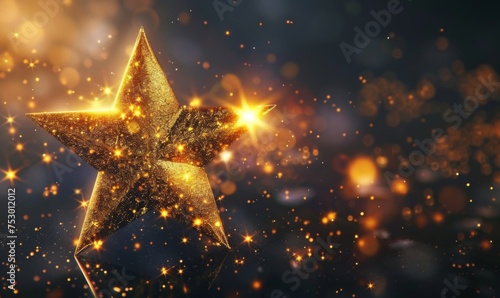 Realistic image of a 3D-rendered golden star on a dark background photo
