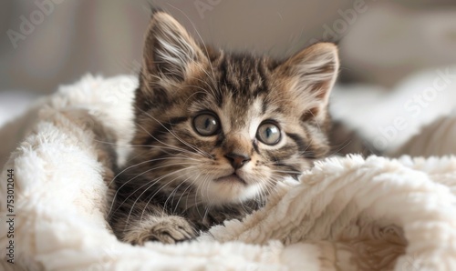 Kitten lying on a white blanket, its playful gaze captured in a heartwarming image