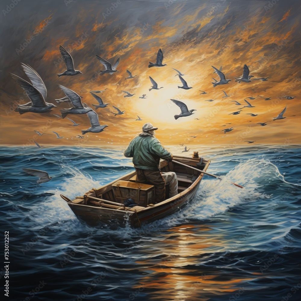 A fisherman in a motor boat, illustration. - obrazy, fototapety, plakaty 