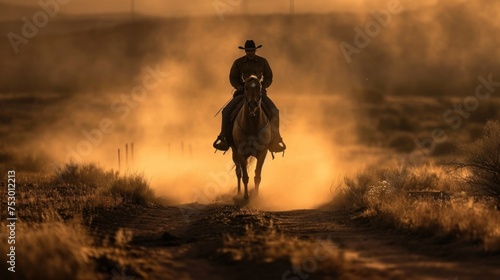 A cowboy riding a horse in the light at sunset