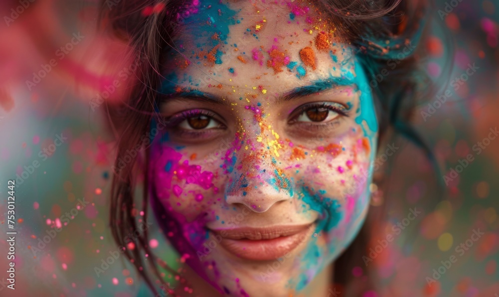 Holi with a stunning image of a young Indian woman, her face adorned with colorful powder, immersed in the festivities