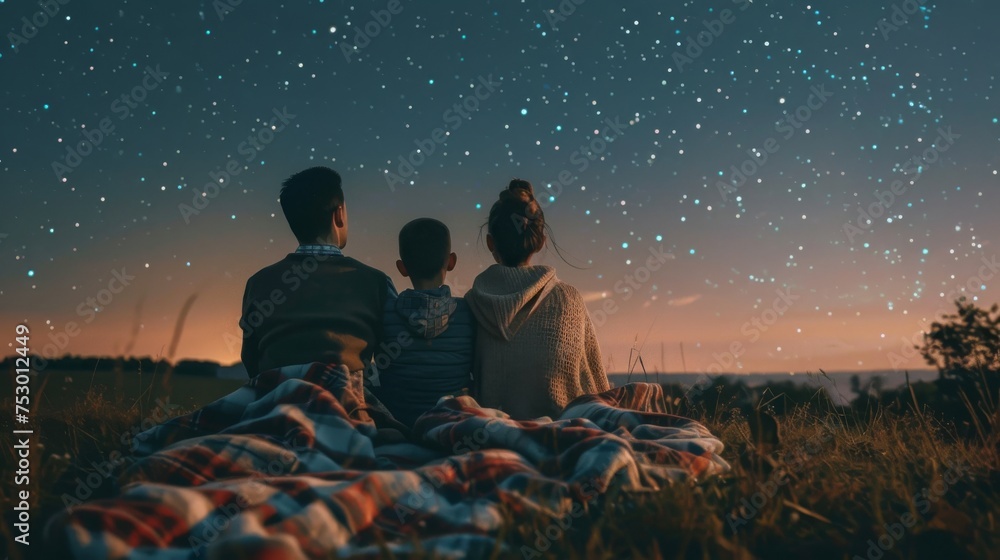 Back view of a family wrapped in a blanket, embracing each other while looking at a starry sky in the countryside.