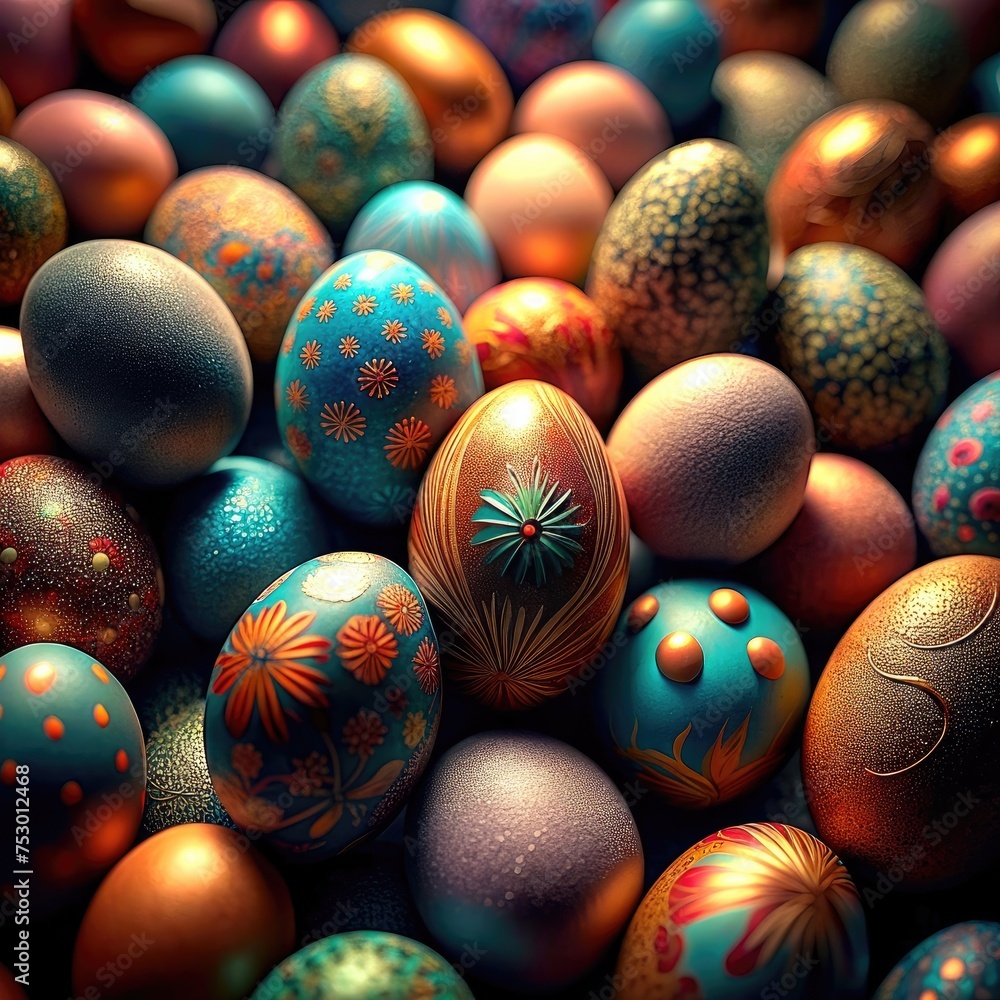 Background with colorful fairy tale eggs. Closeup, side view. Heap of eggs Background with colorful fairy tale eggs. Closeup, side view. Heap of eggs