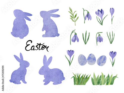 Easter watercolor set. Rabbits, eggs, flowers and branches design elements. Vector illustration